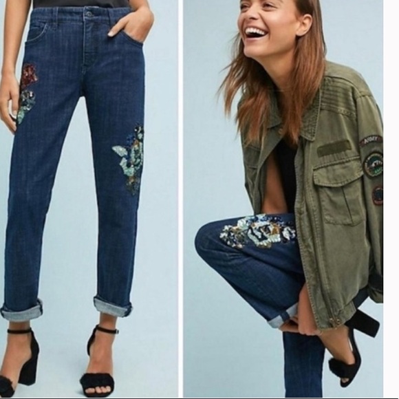 Pilcro and the Letterpress Slim Boyfriend Embroidered Sequin Floral Jeans 26 - Picture 1 of 10